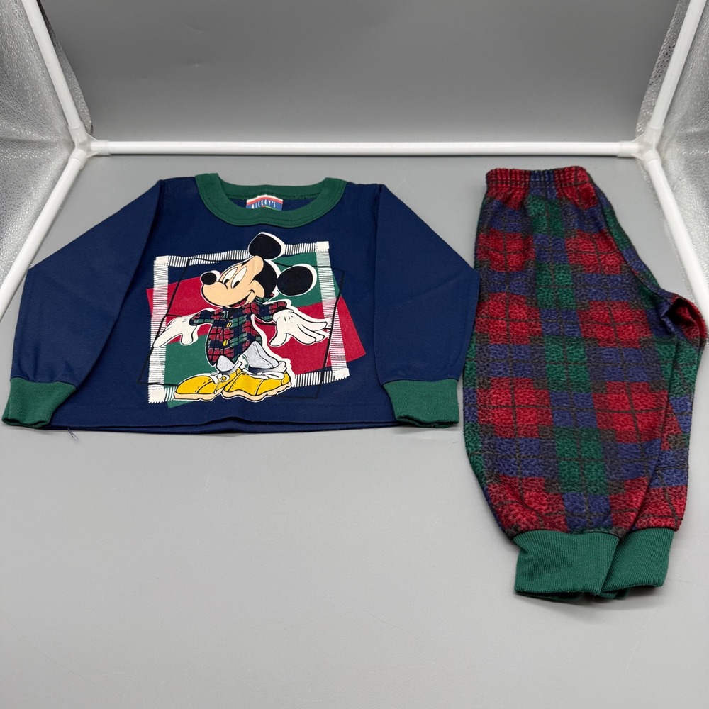 Vintage Mickey Stuff for Kids Navy Plaid Pajama Set 2T Mickey Mouse Made in USA